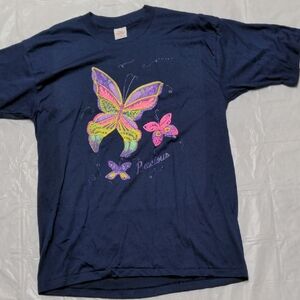 Vintage 1989 Single Stitch Navy Blue Butterfly Puff Paint T Shirt Boho Fairycore